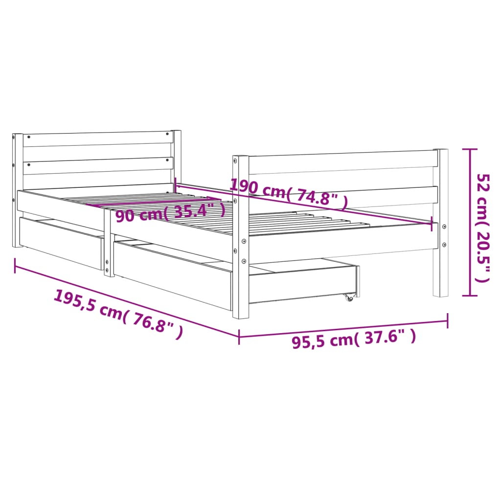 Giroletto per Bambini con Cassetti Nero 90x190 cm Massello Pino