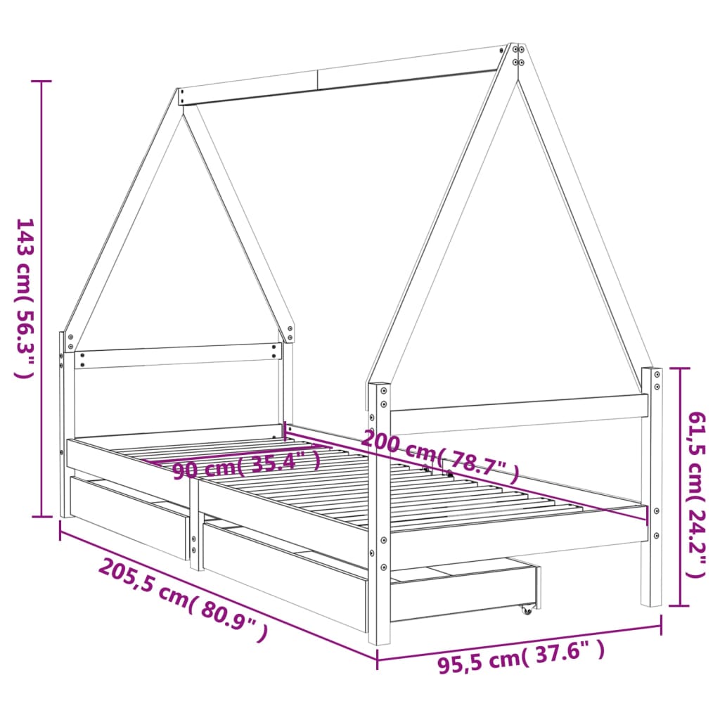 Giroletto Bambini con Cassetti 90x200 cm Legno Massello di Pino