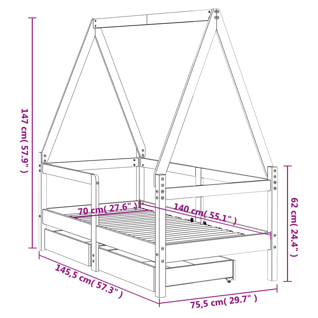 Giroletto Bambini con Cassetti 70x140 cm Legno Massello di Pino