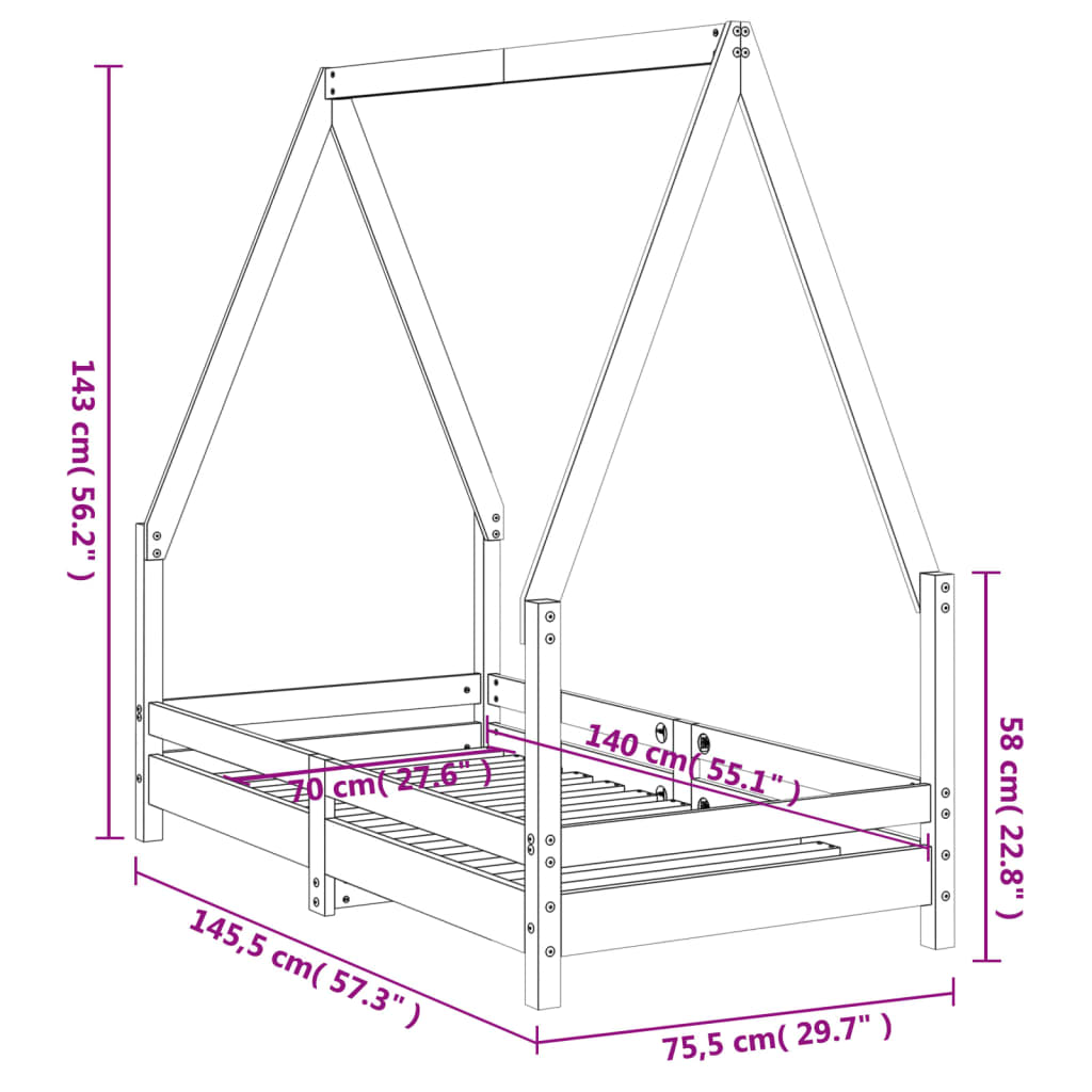 Giroletto per Bambini Bianco 70x140cm in Legno Massello di Pino