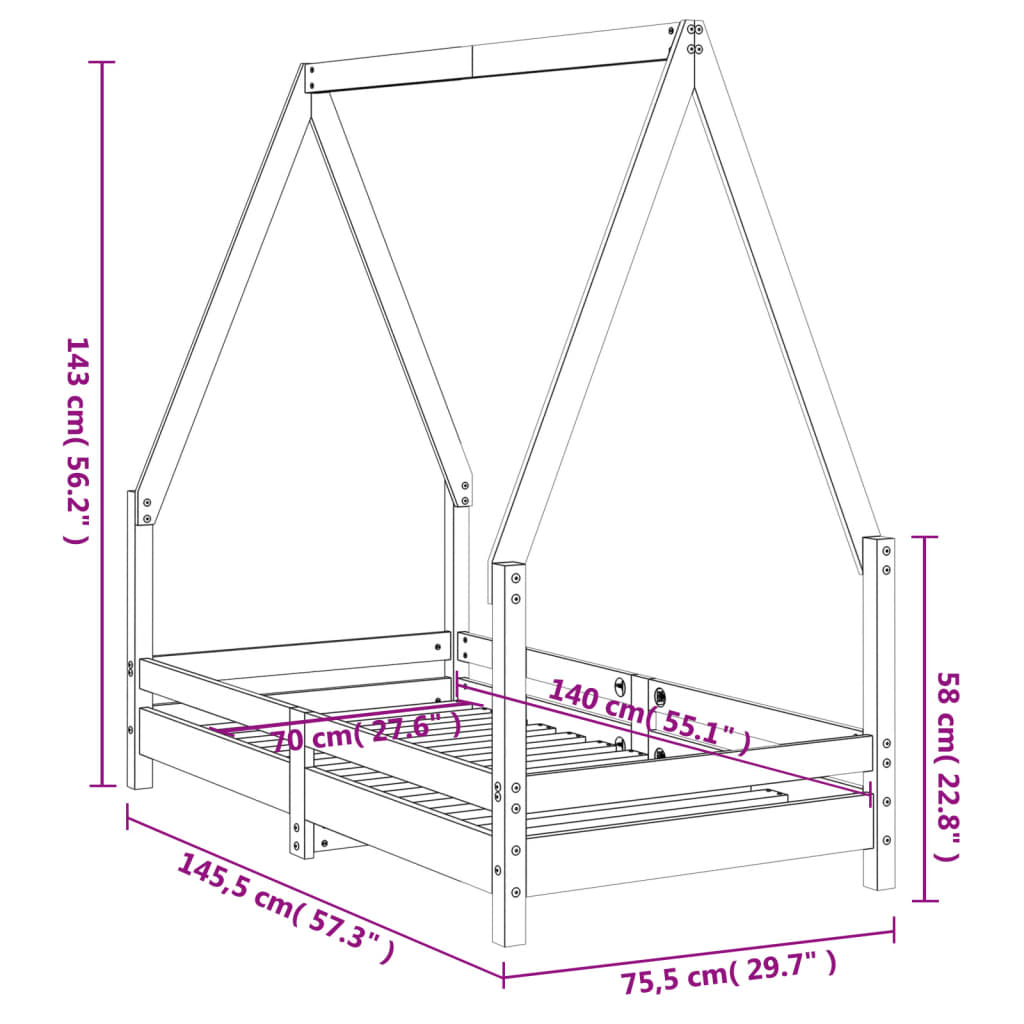 Giroletto per Bambini Nero 70x140 cm in Legno Massello di Pino