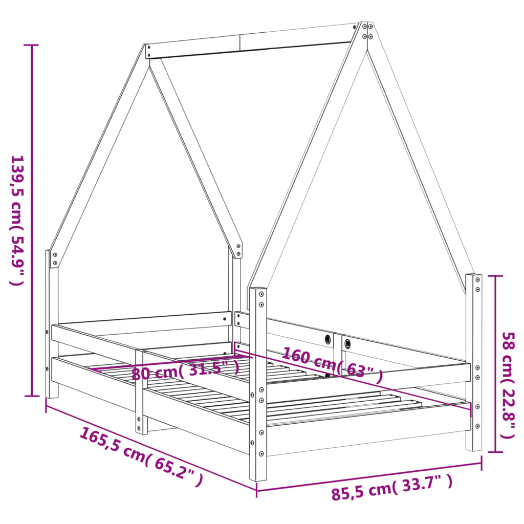 Giroletto per Bambini Nero 80x160 cm in Legno Massello di Pino