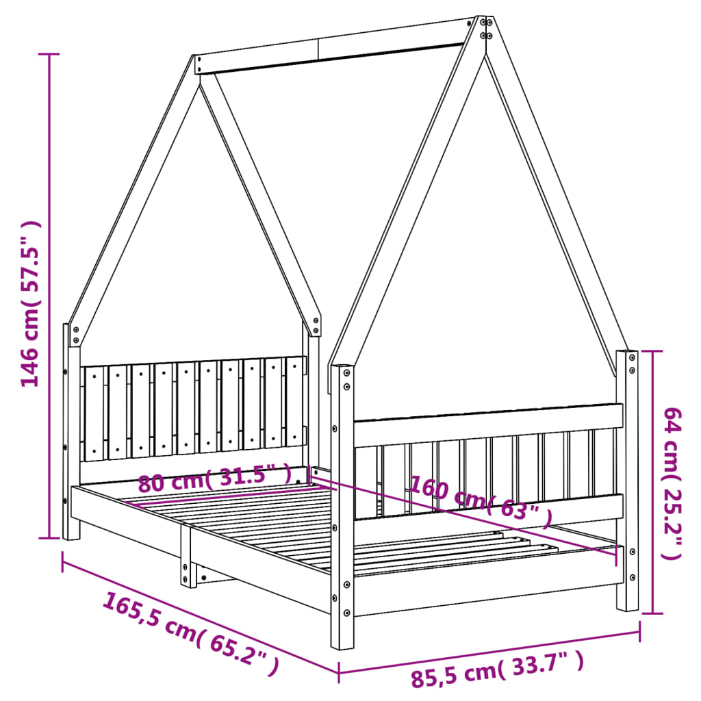 Giroletto per Bambini Nero 80x160 cm in Legno Massello di Pino