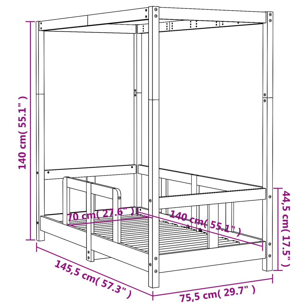 Giroletto per Bambini Bianco 70x140cm in Legno Massello di Pino