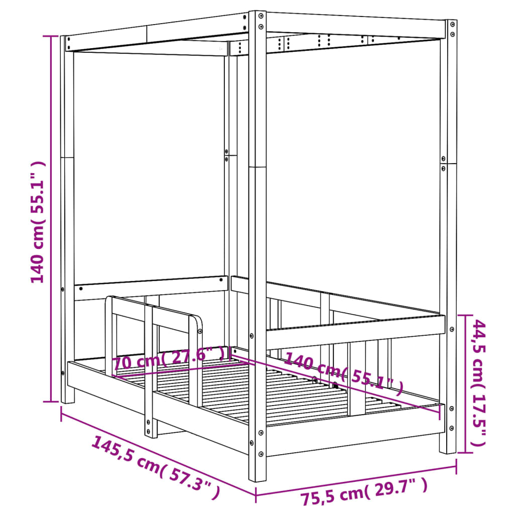 Giroletto per Bambini Nero 70x140 cm in Legno Massello di Pino