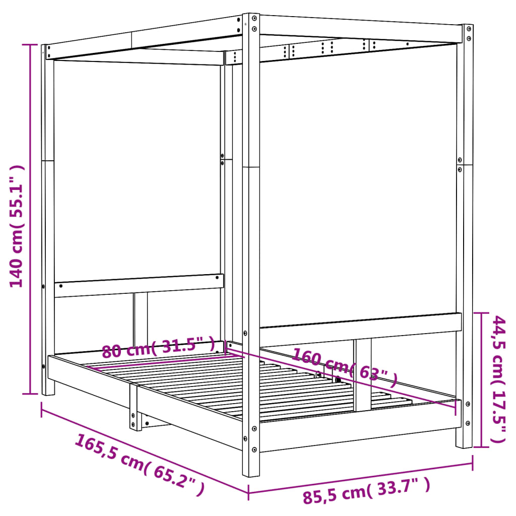 Giroletto per Bambini Nero 80x160 cm in Legno Massello di Pino