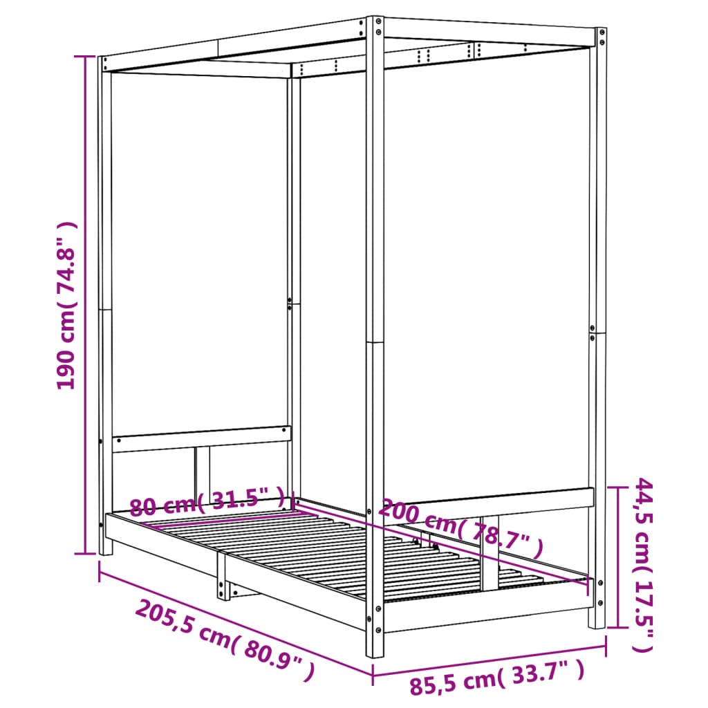 Giroletto per Bambini Bianco 80x200cm in Legno Massello di Pino