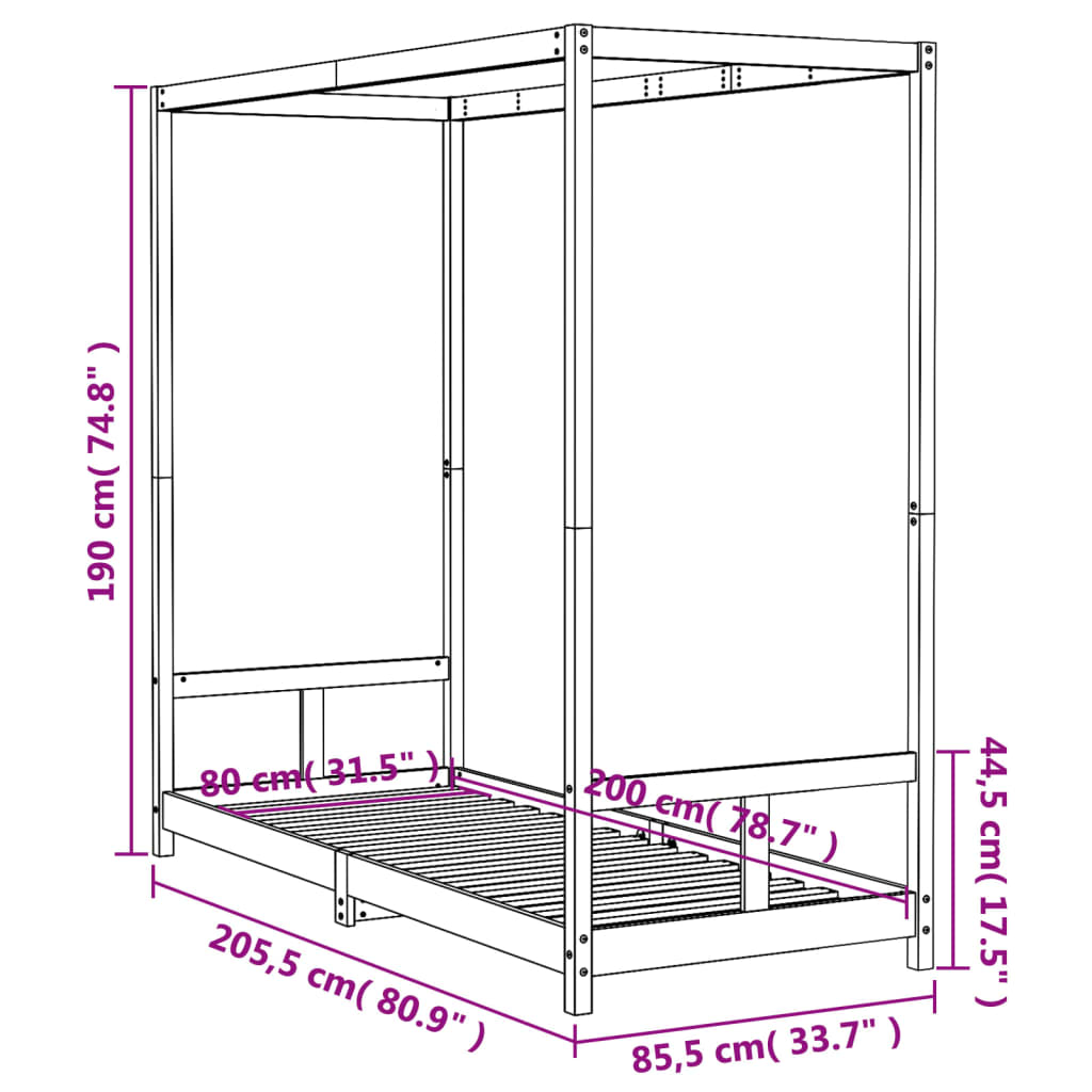 Giroletto per Bambini Nero 80x200 cm in Legno Massello di Pino