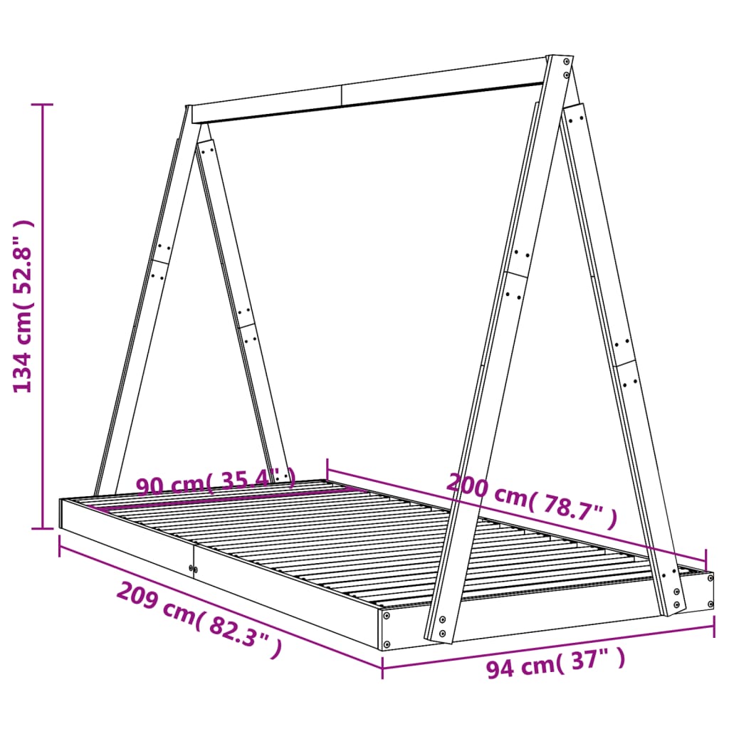 Giroletto per Bambini Nero 90x200 cm in Legno Massello di Pino