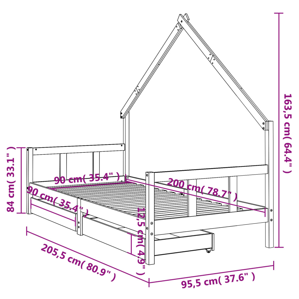 Giroletto Bambini con Cassetti 90x200 cm Legno Massello di Pino