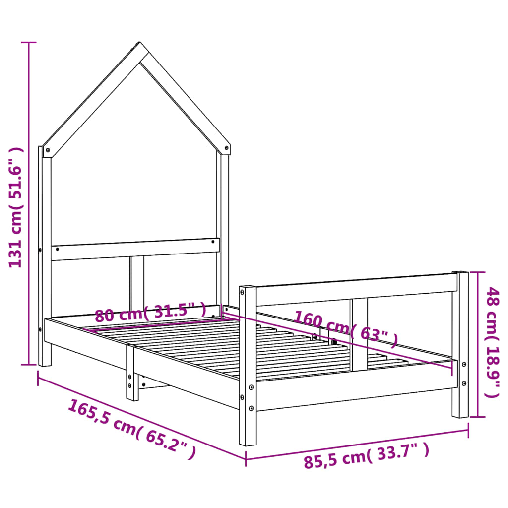 Giroletto per Bambini Nero 80x160 cm in Legno Massello di Pino