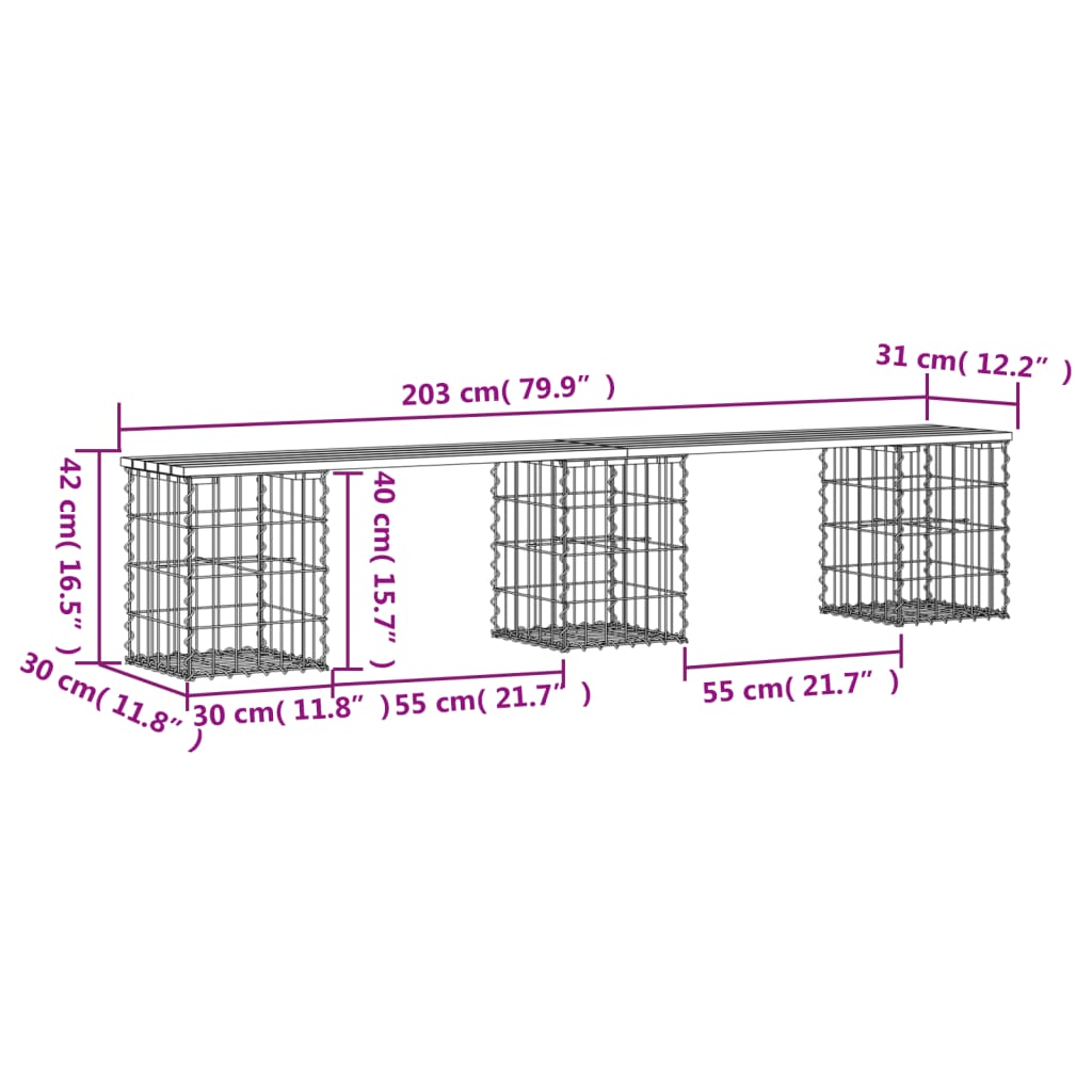 Panca Giardino Design Gabbione 203x31x42 cm Legno Massello Pino