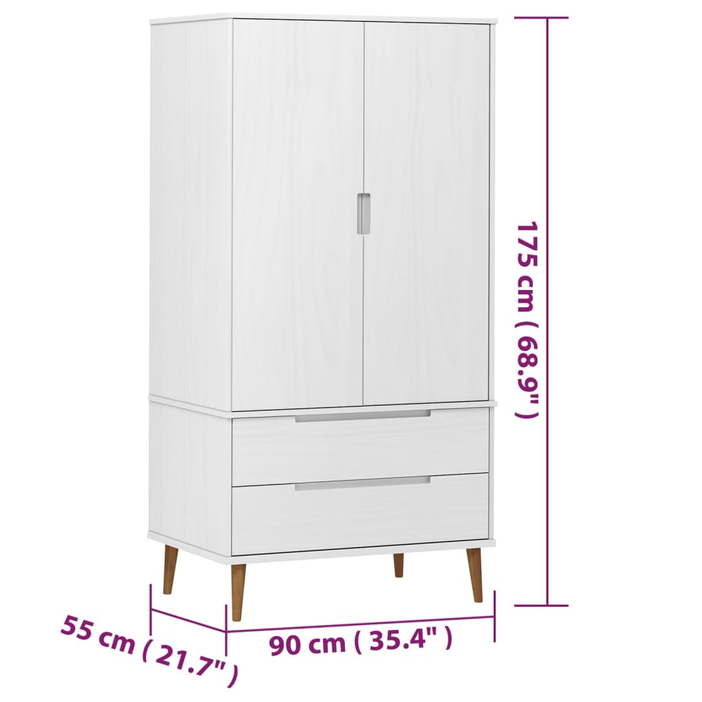 Armadio MOLDE Bianco 90x55x175 cm in Legno Massello di Pino