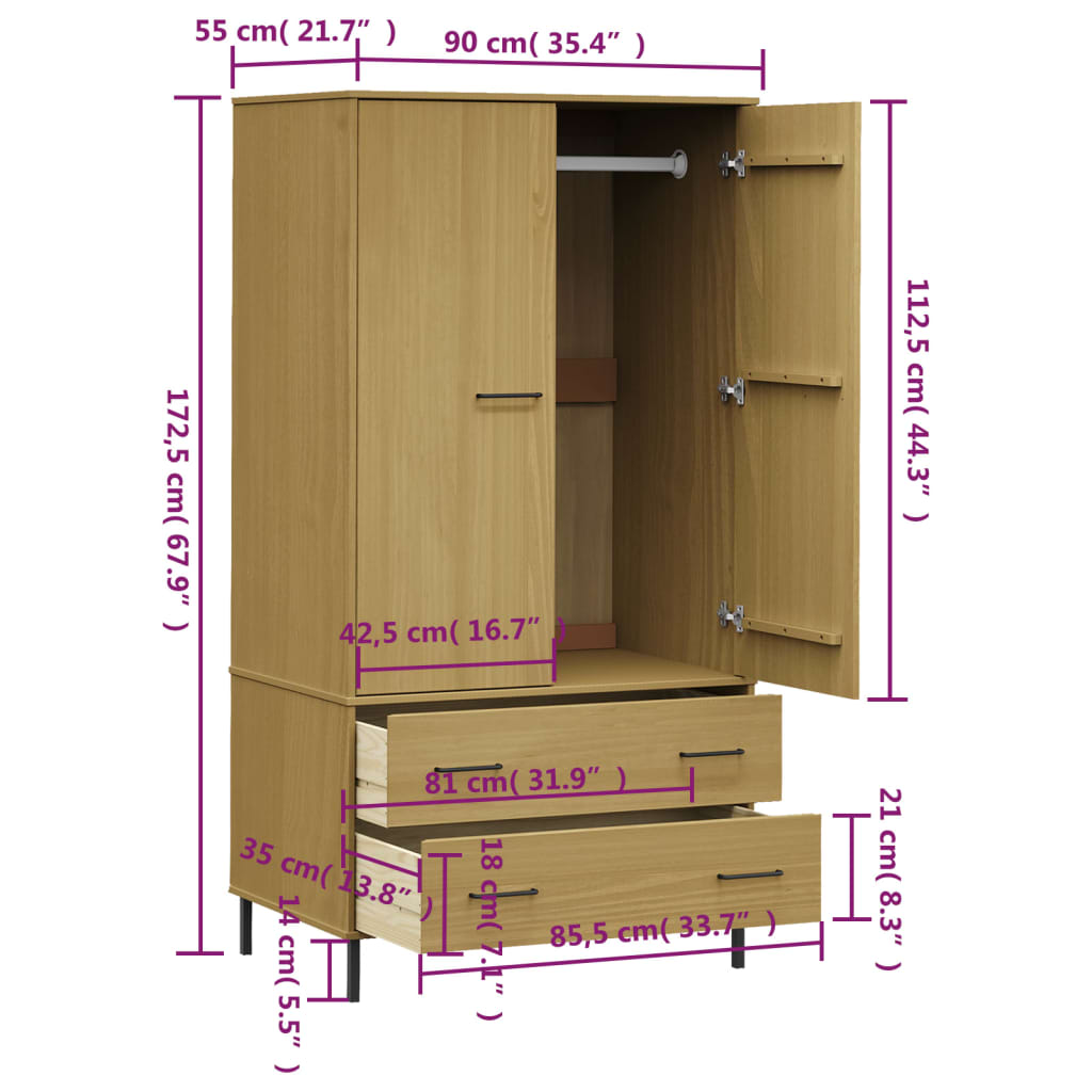 Armadio Gambe Metallo Marrone 90x55x172,5cm Legno Massello OSLO