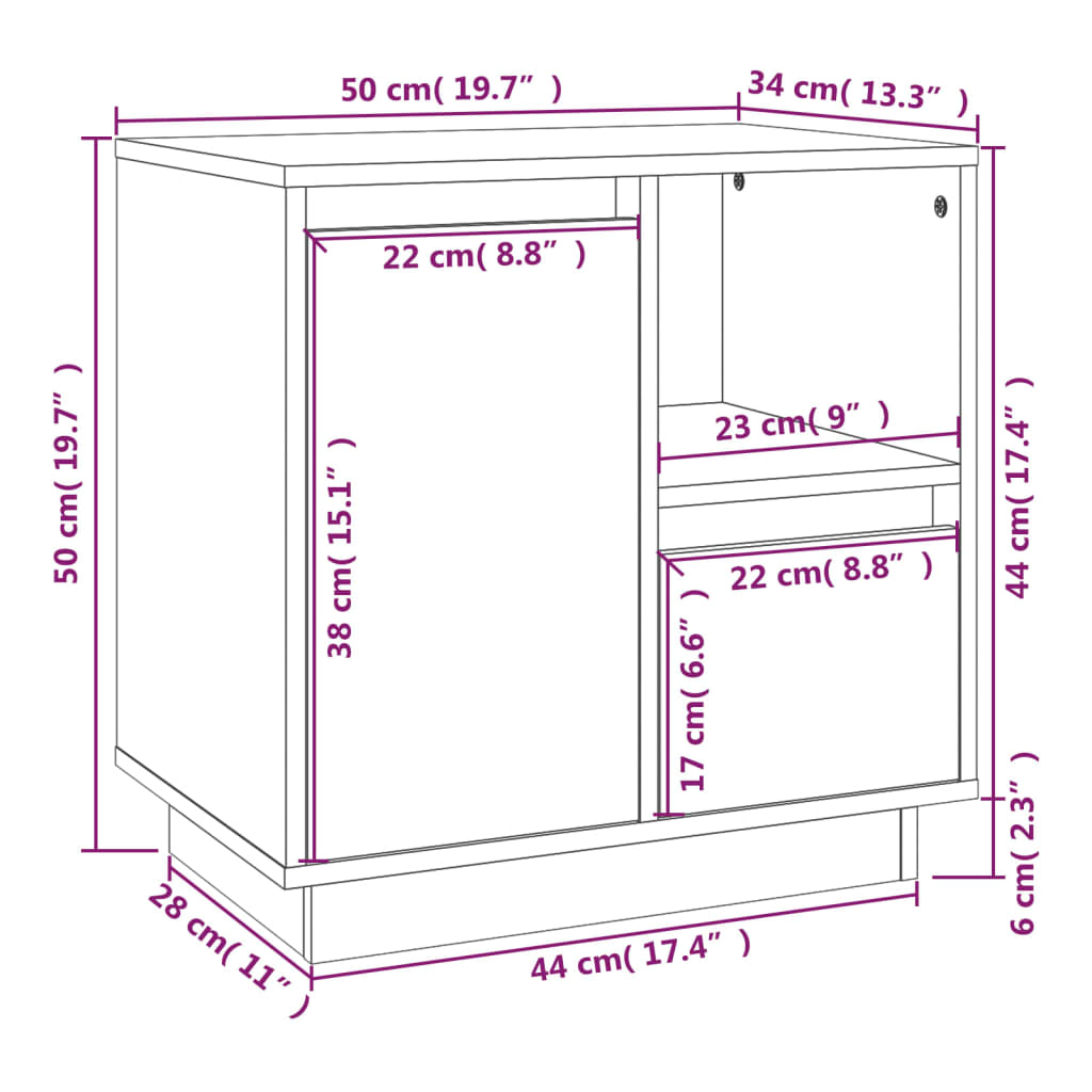 Comodino Grigio 50x34x50 cm in Legno Massello di Pino