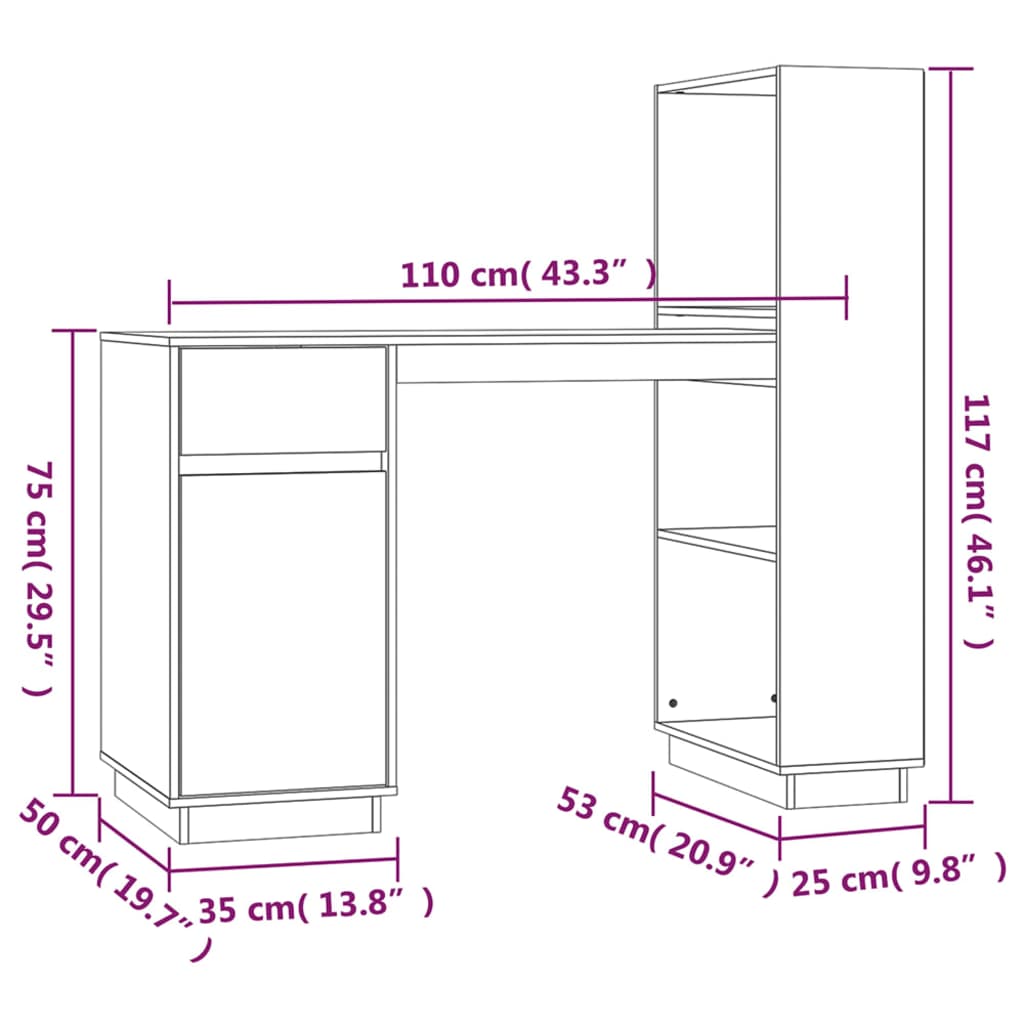 Scrivania Bianca 110x53x117 cm in Legno Massello di Pino