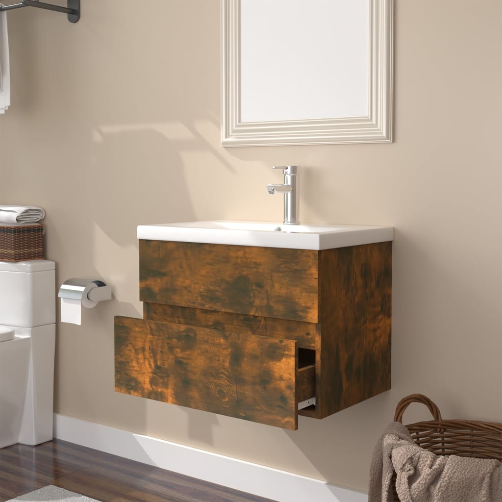 Mobile Bagno con Lavabo Integrato Rovere Fumo Legno Multistrato