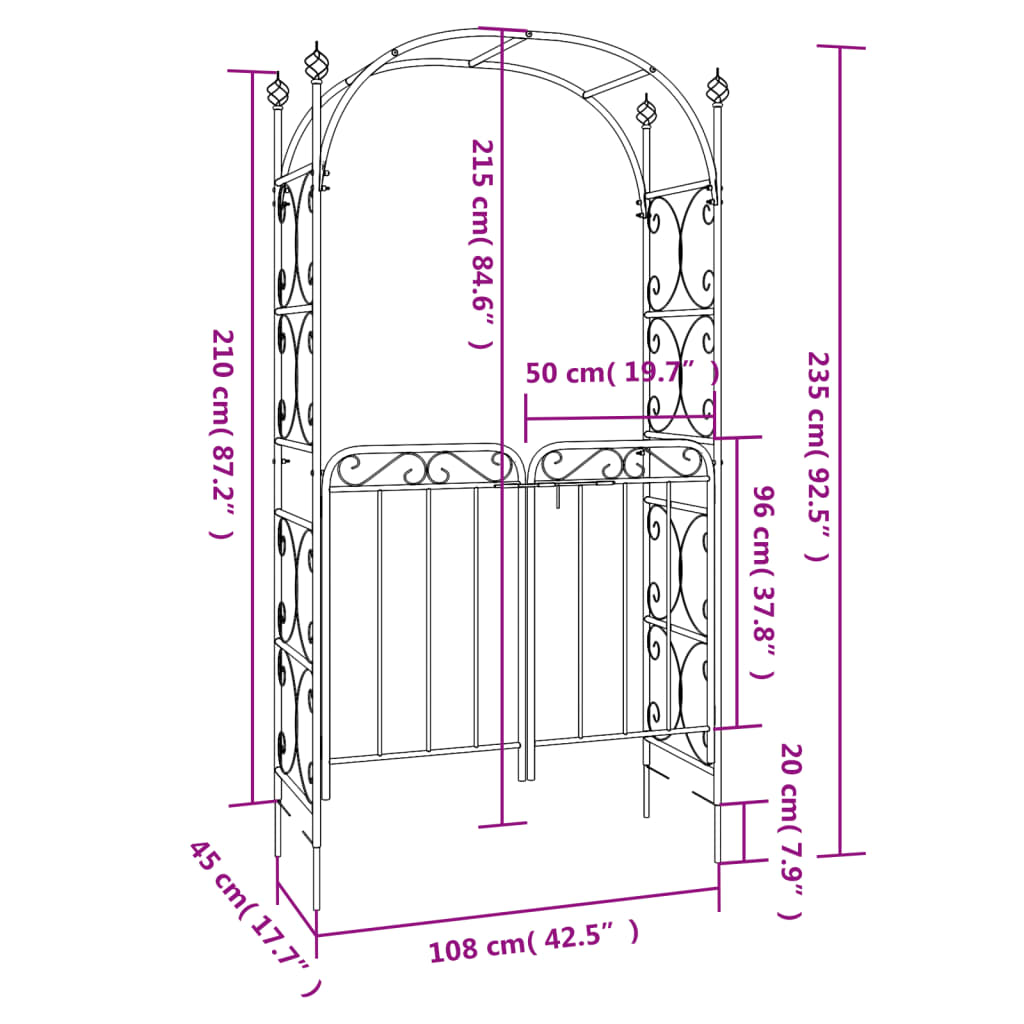 Arco da Giardino con Cancello Nero 108x45x235 cm Acciaio