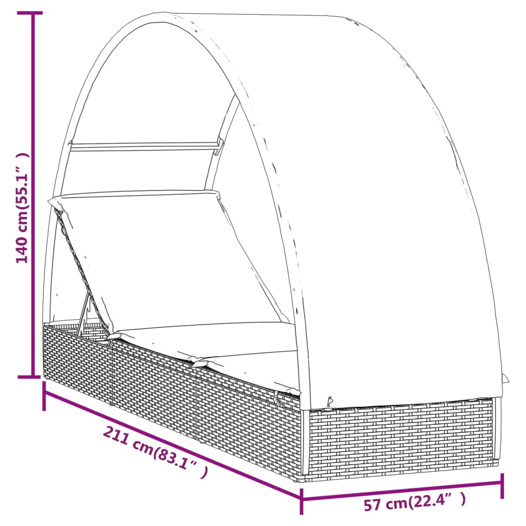 Lettino con Tetto Rotondo Marrone 211x57x140 cm Polyrattan