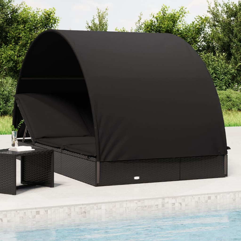 Lettino Doppio Tetto Rotondo Nero 211x112x140 cm in Polyrattan