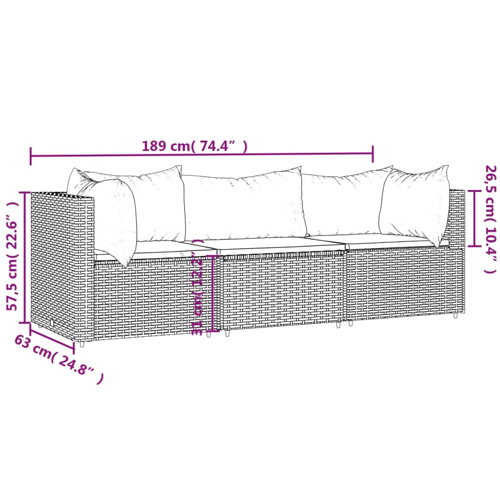 Set Divani da Giardino 3 pz con Cuscini Nero in Polyrattan