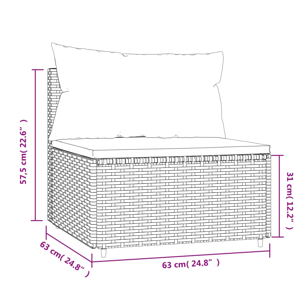 Divano Centrale da Giardino con Cuscini in Polyrattan Nero