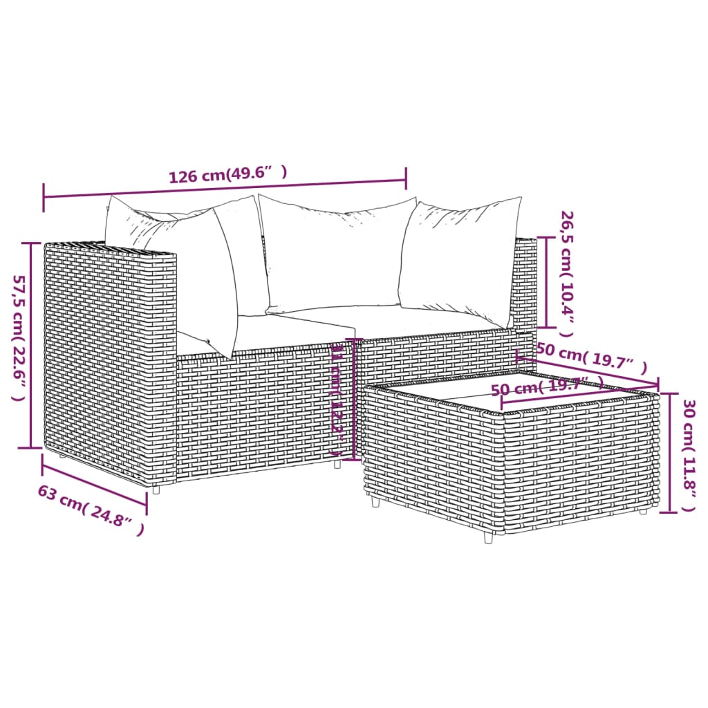 Set Mobili da Giardino 3 pz con Cuscini in Polyrattan Marrone