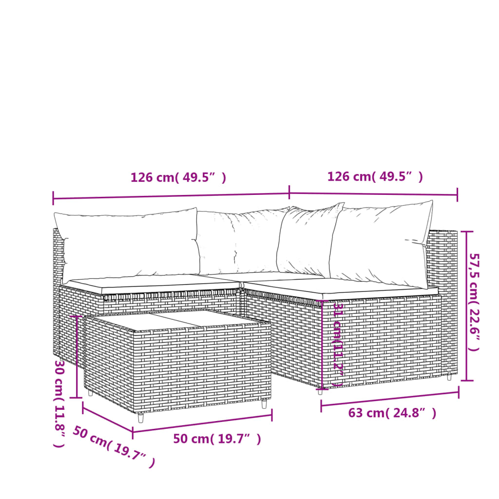 Set Mobili da Giardino 4 pz con Cuscini in Polyrattan Marrone