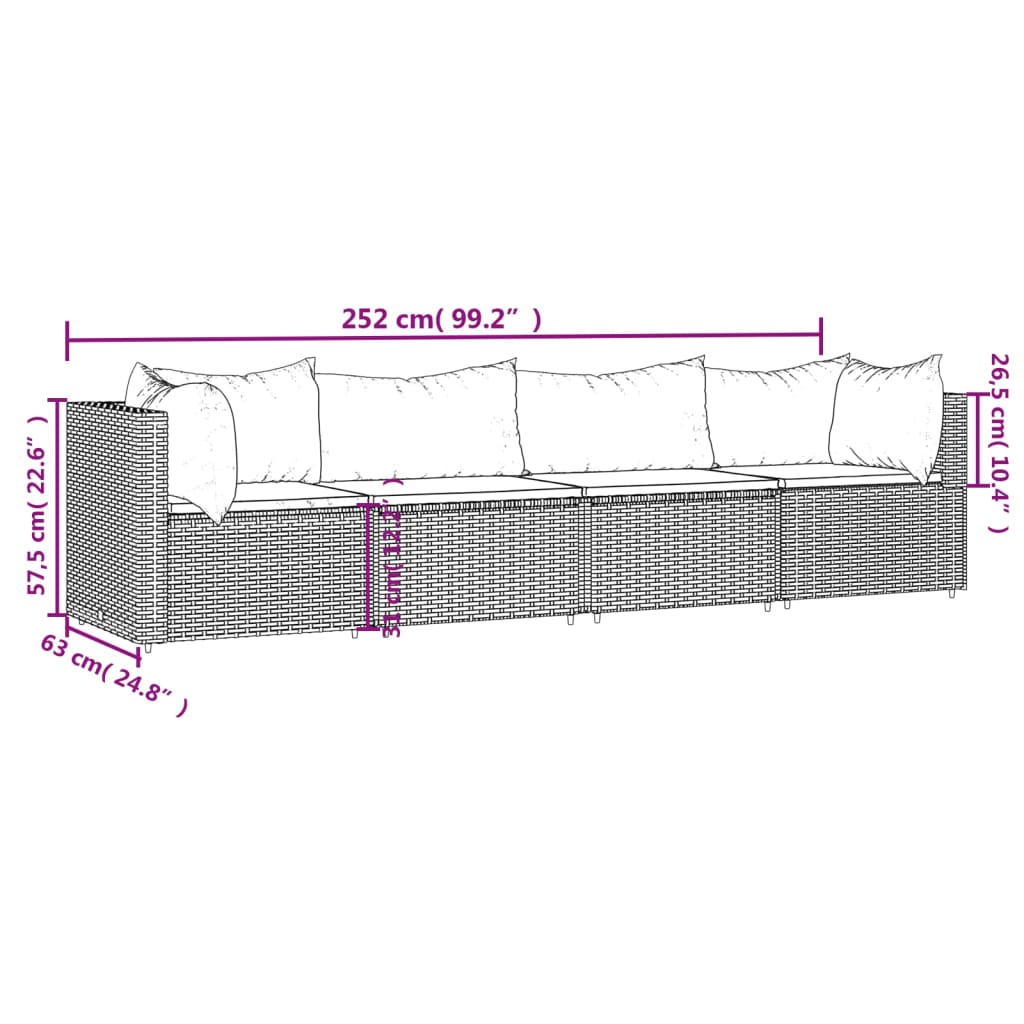 Set Mobili da Giardino 4 pz con Cuscini in Polyrattan Marrone