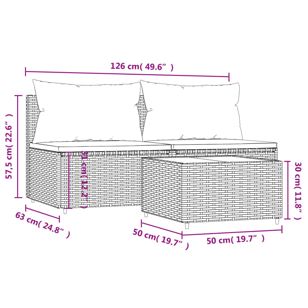 Set Divani da Giardino 3 pz con Cuscini in Polyrattan Grigio