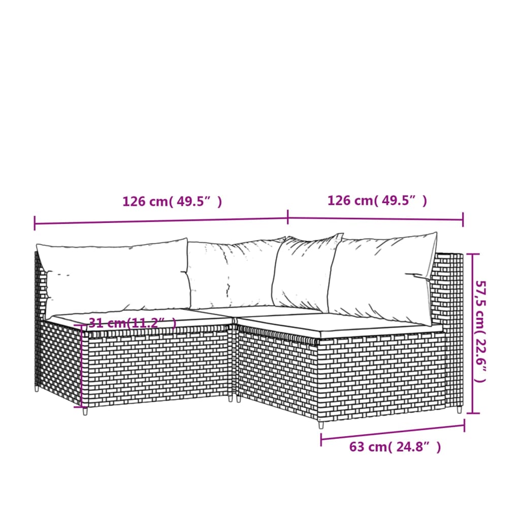 Set Divani da Giardino 3 pz con Cuscini Nero in Polyrattan