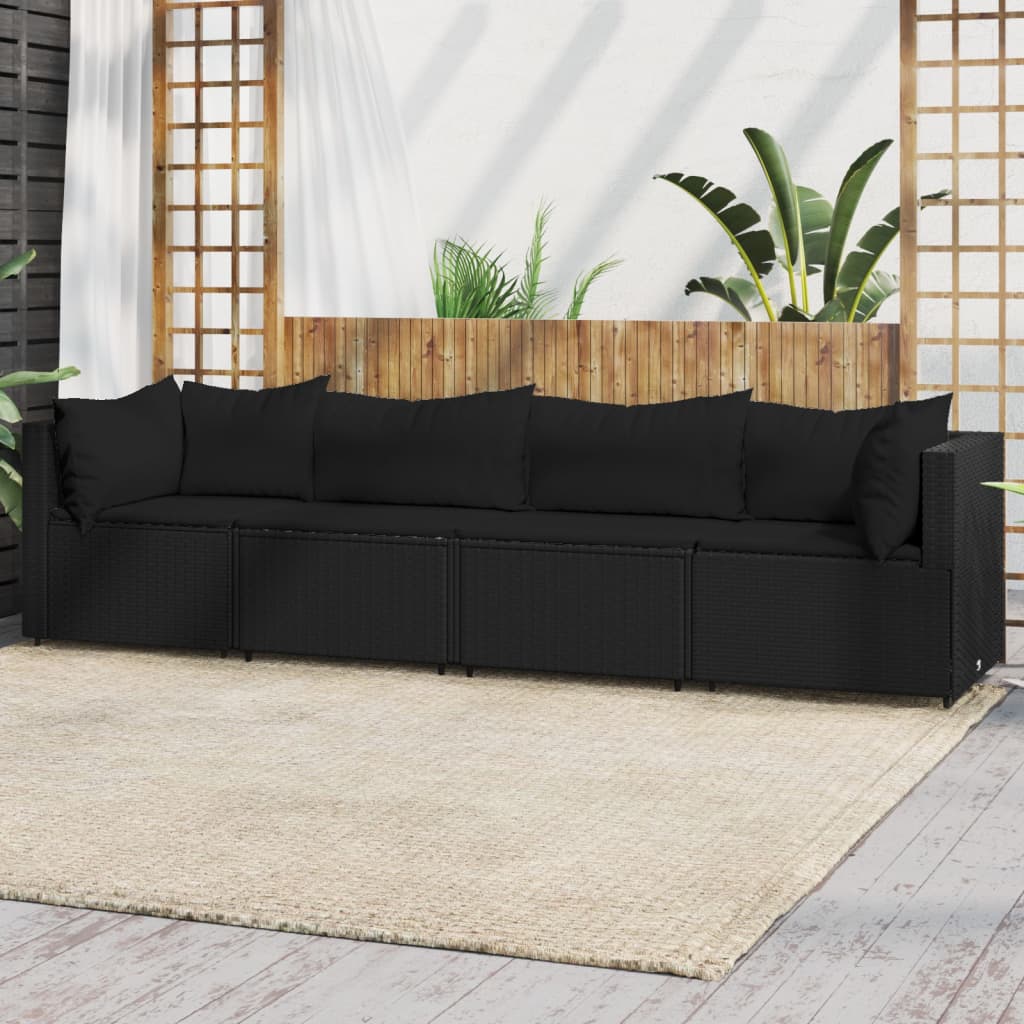 Set Divani da Giardino 4 pz con Cuscini Nero in Polyrattan