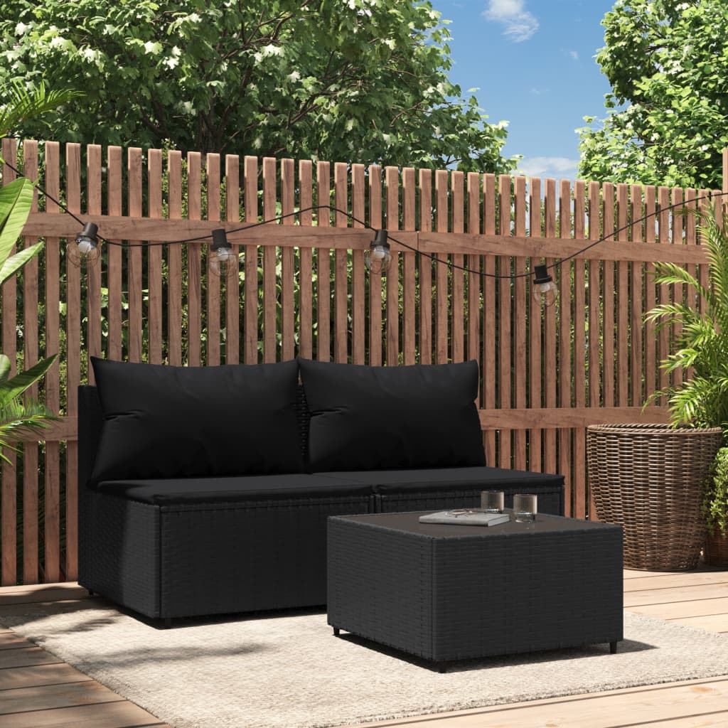 Set Divani da Giardino 3 pz con Cuscini Nero in Polyrattan