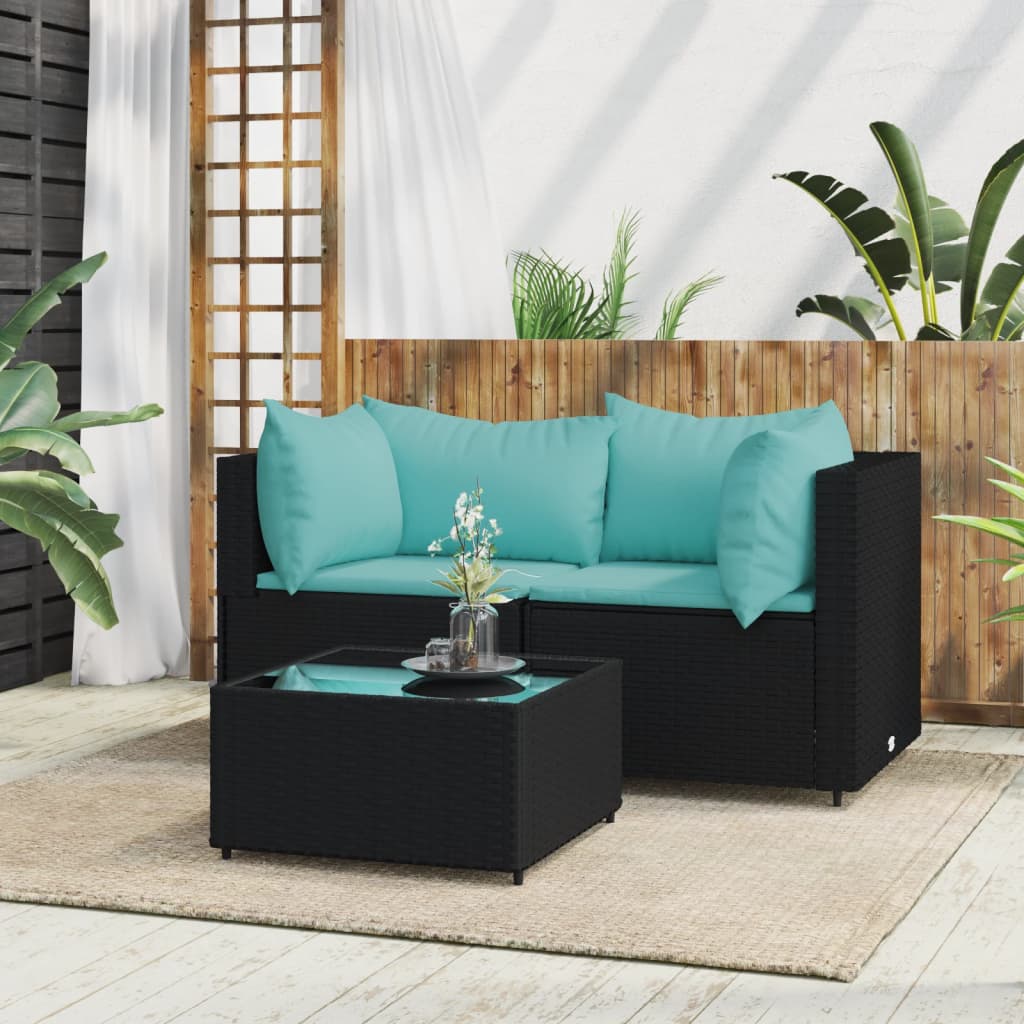 Set Divani da Giardino 3 pz con Cuscini Nero in Polyrattan