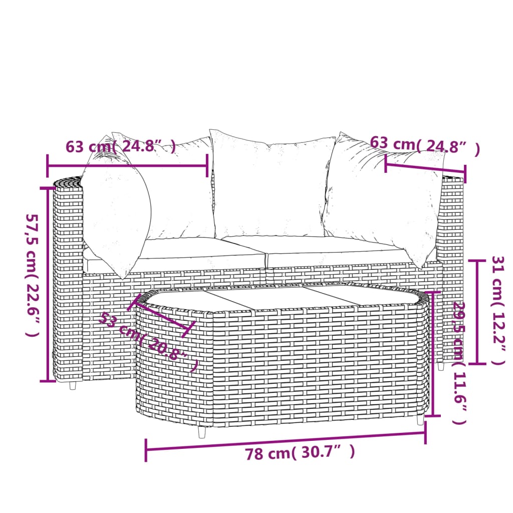 Set Divani da Giardino 3 pz con Cuscini Nero in Polyrattan