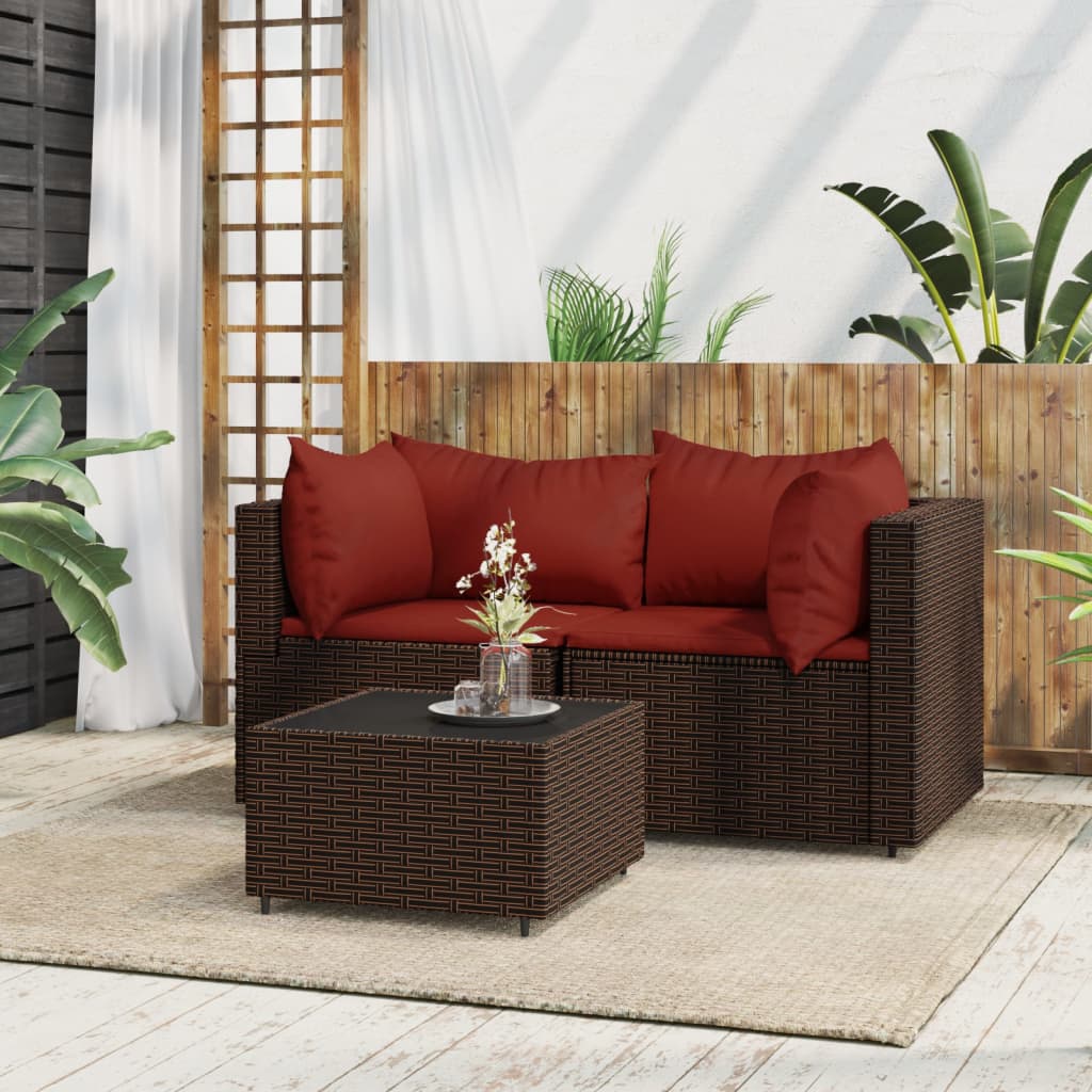 Set Mobili da Giardino 3 pz con Cuscini in Polyrattan Marrone