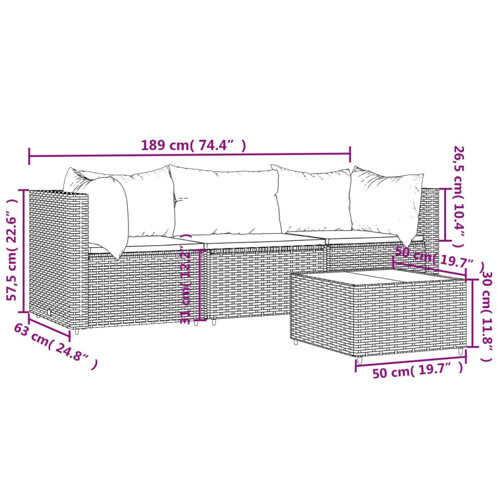 Set Mobili da Giardino 4 pz con Cuscini in Polyrattan Marrone