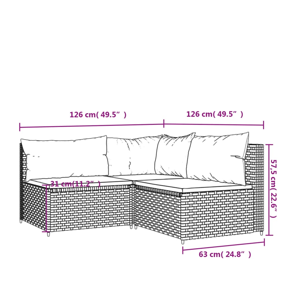 Set Divani da Giardino 3 pz con Cuscini in Polyrattan Grigio