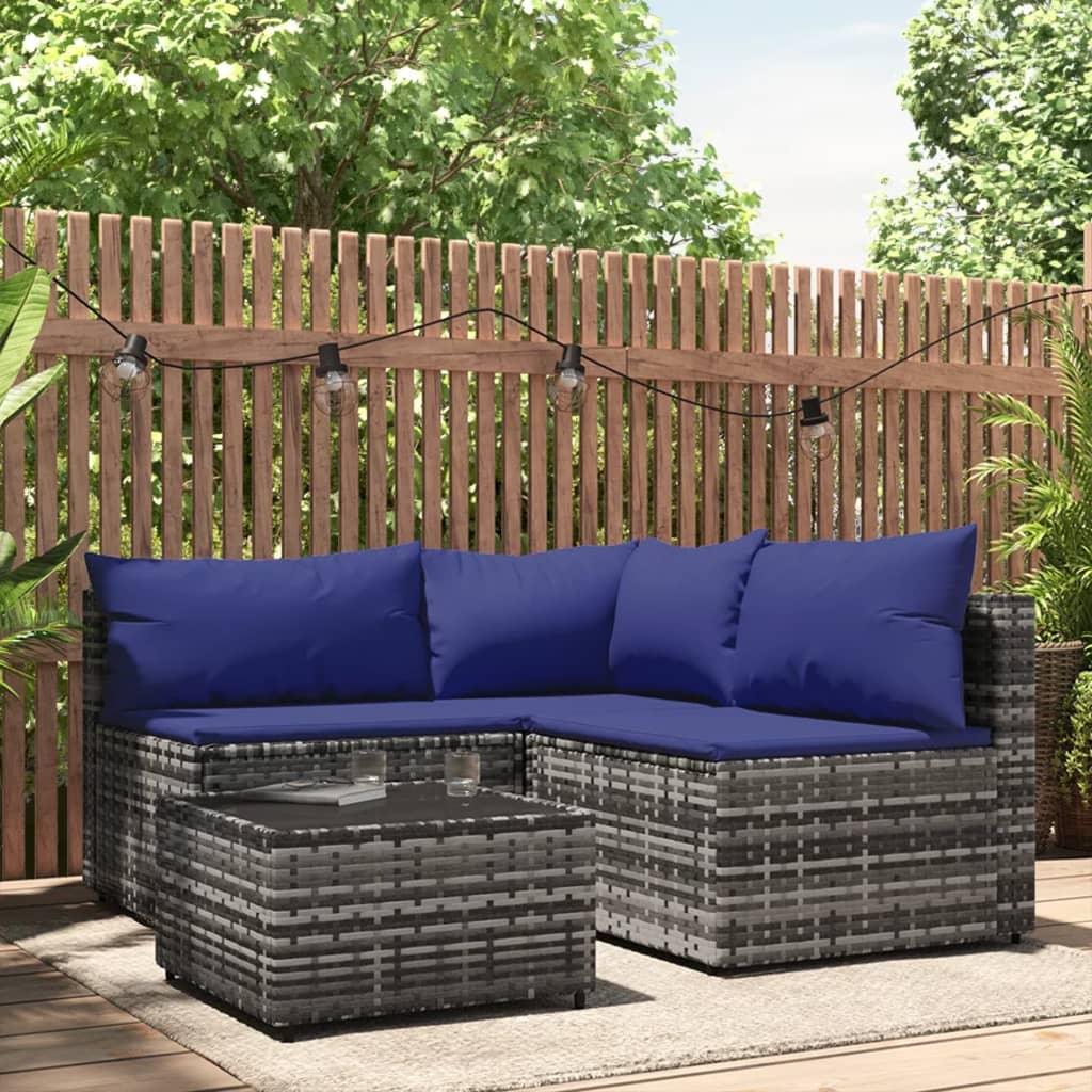 Set Divani da Giardino 4 pz con Cuscini in Polyrattan Grigio