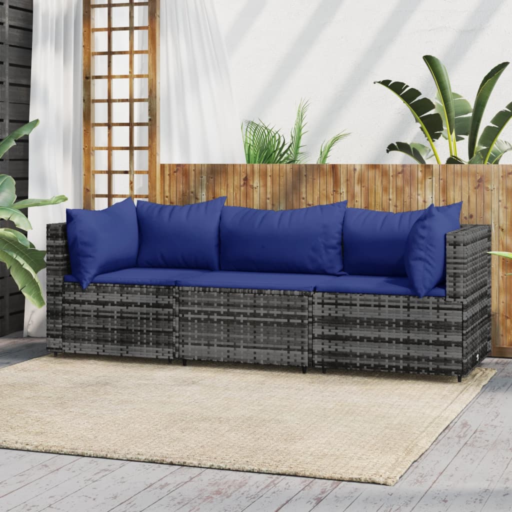 Set Divani da Giardino 3 pz con Cuscini in Polyrattan Grigio