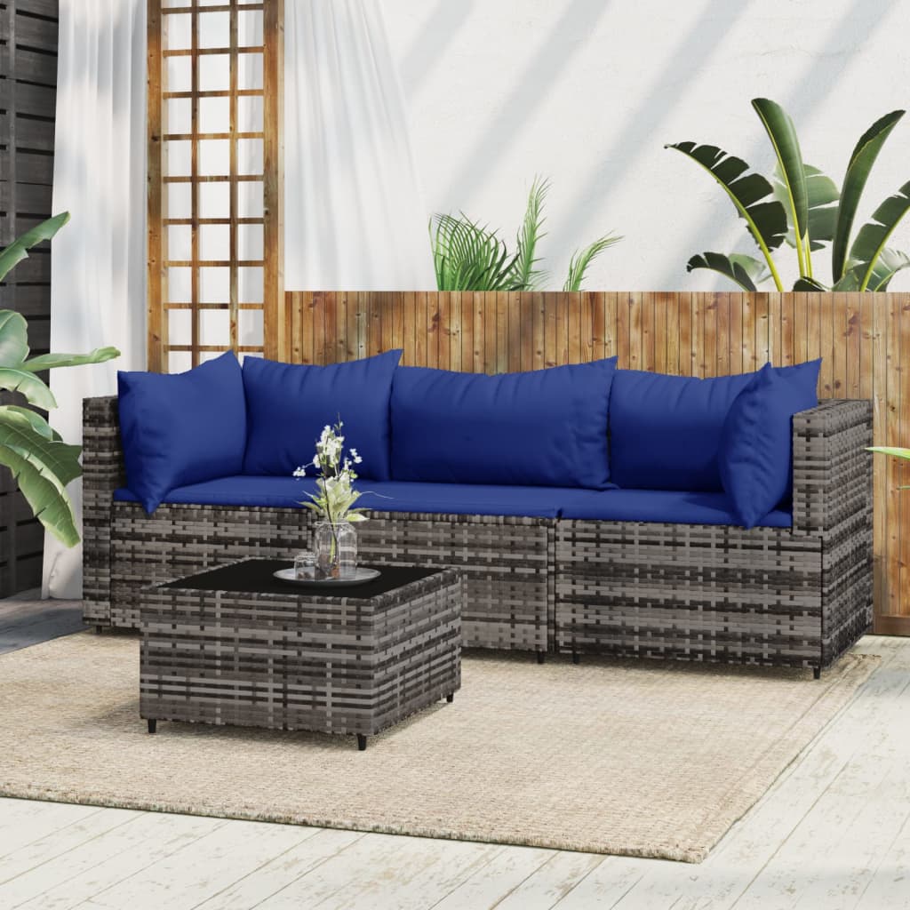 Set Divani da Giardino 4 pz con Cuscini in Polyrattan Grigio