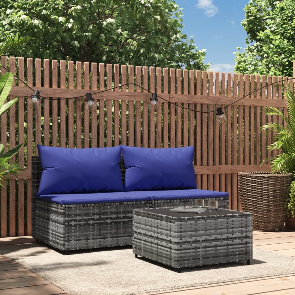 Set Divani da Giardino 3 pz con Cuscini in Polyrattan Grigio