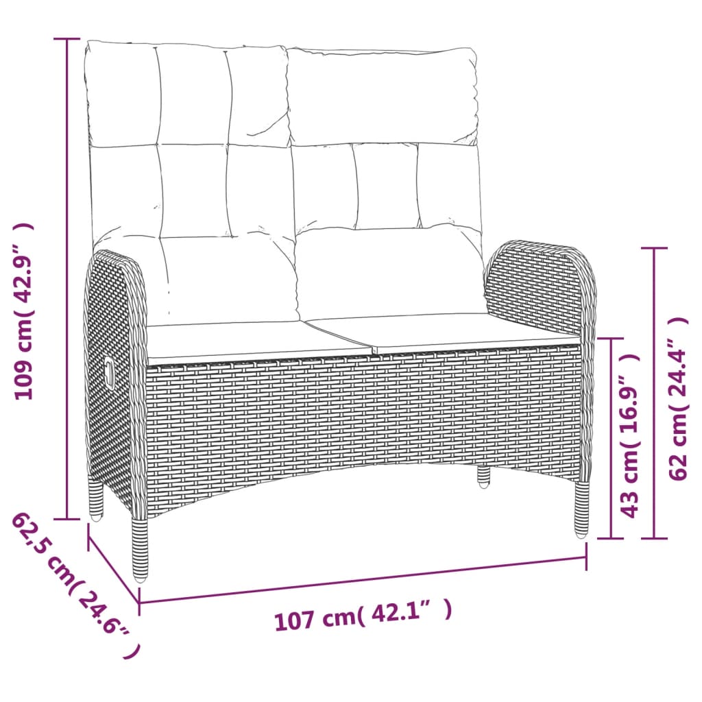 Panca Reclinabile da Giardino con Cuscini 107cm Polyrattan Nera