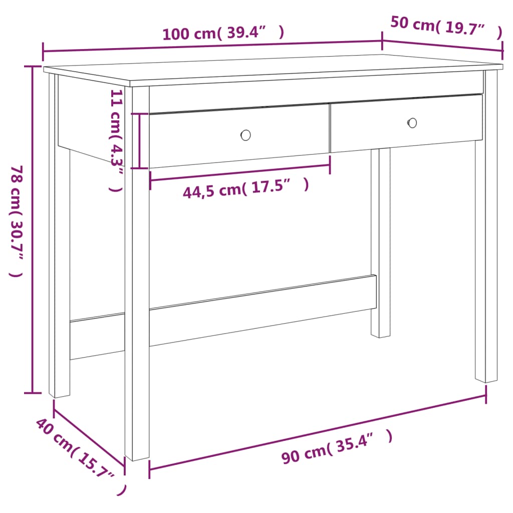 Scrivania con Cassetti Bianca 100x50x78 cm Legno Massello Pino