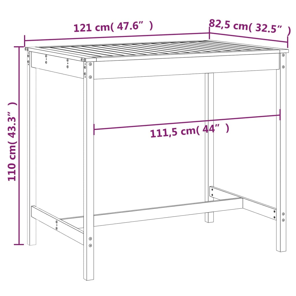 Tavolo da Giardino 121x82,5x110 cm in Legno Massello di Pino