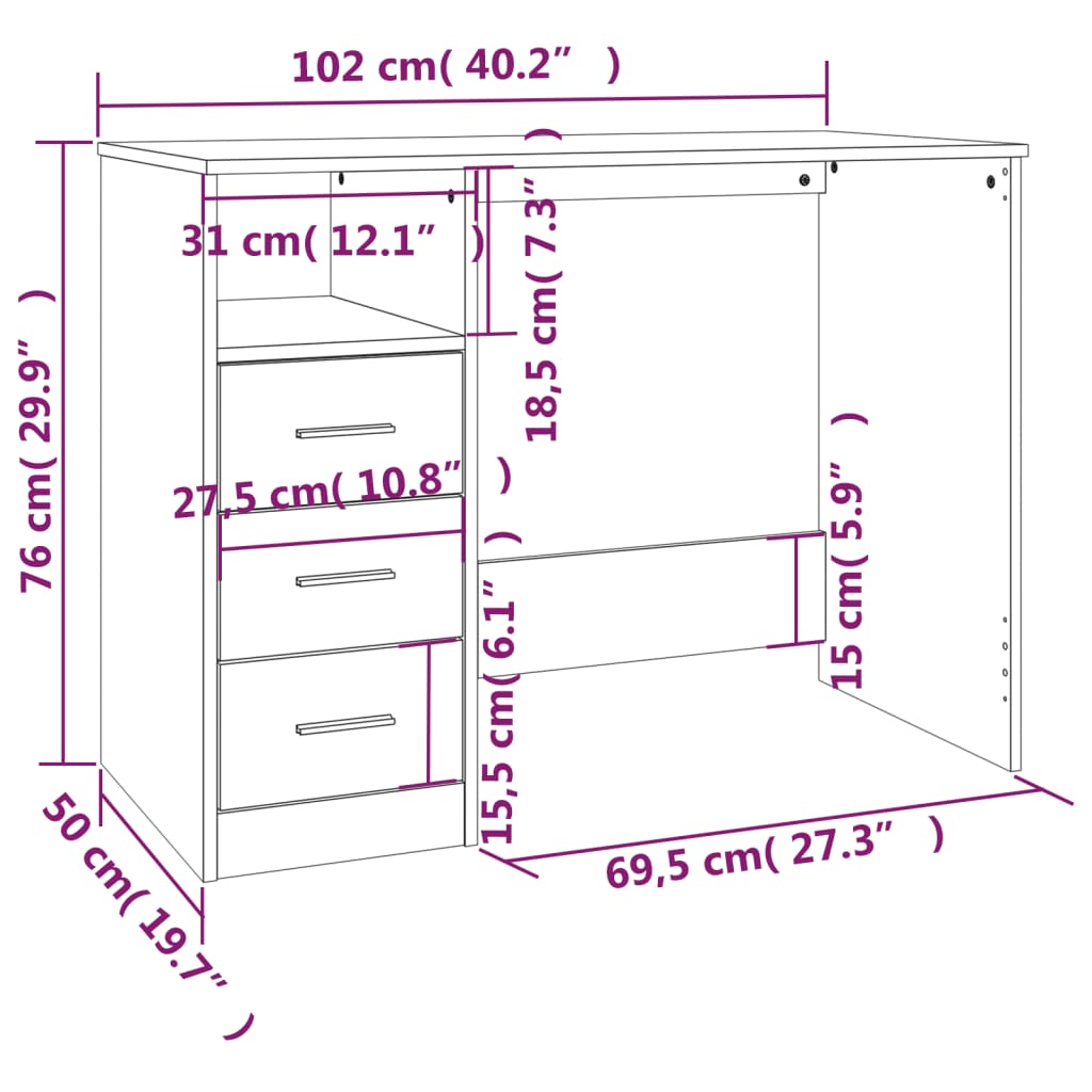 Scrivania con Cassetti Bianca 102x50x76 cm in Legno Multistrato