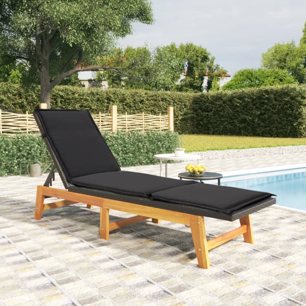 Sdraio con Cuscino Nero Marrone Polyrattan e Massello di Acacia