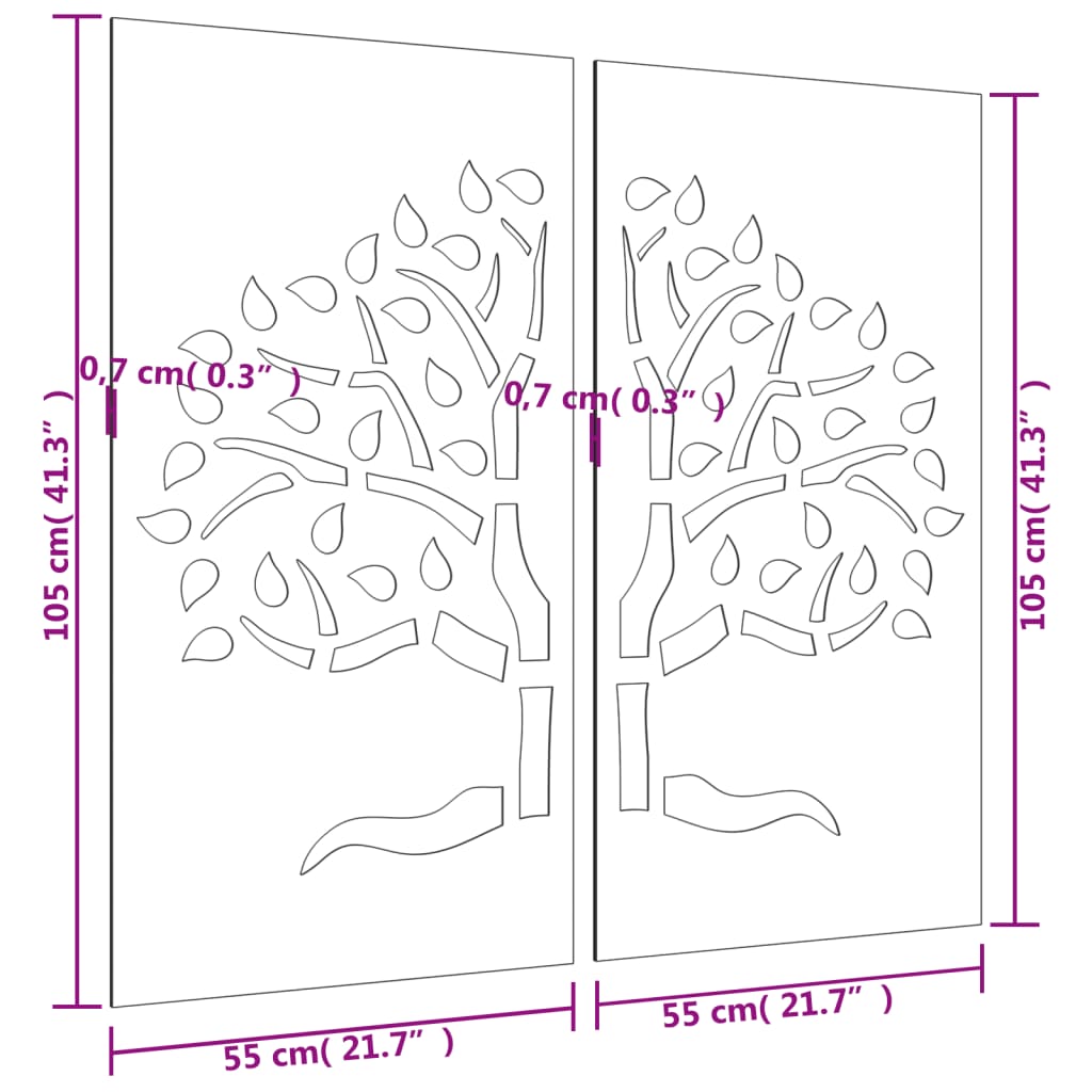 Decorazioni Muro Giardino 2 pz 105x55 cm Albero Acciaio Corten