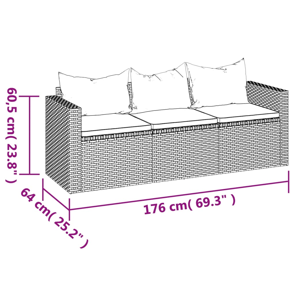 Divano da Giardino a 3 Posti con Cuscini in Polyrattan Marrone