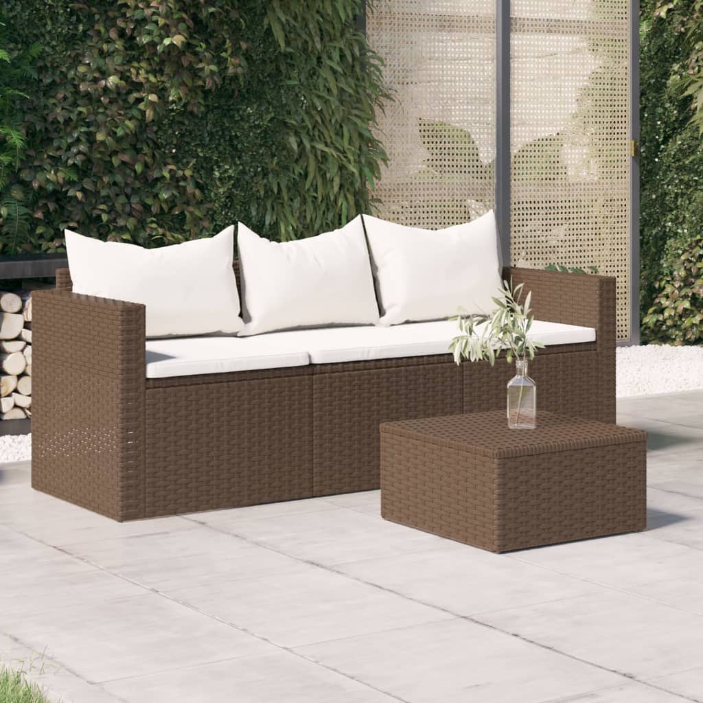 Divano da Giardino a 3 Posti con Cuscini in Polyrattan Marrone